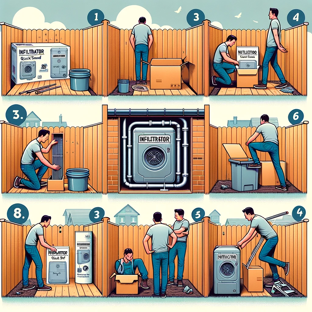 Illustrated guide showing step-by-step DIY installation of the Infiltrator Quick4 Standard Chamber in a backyard.