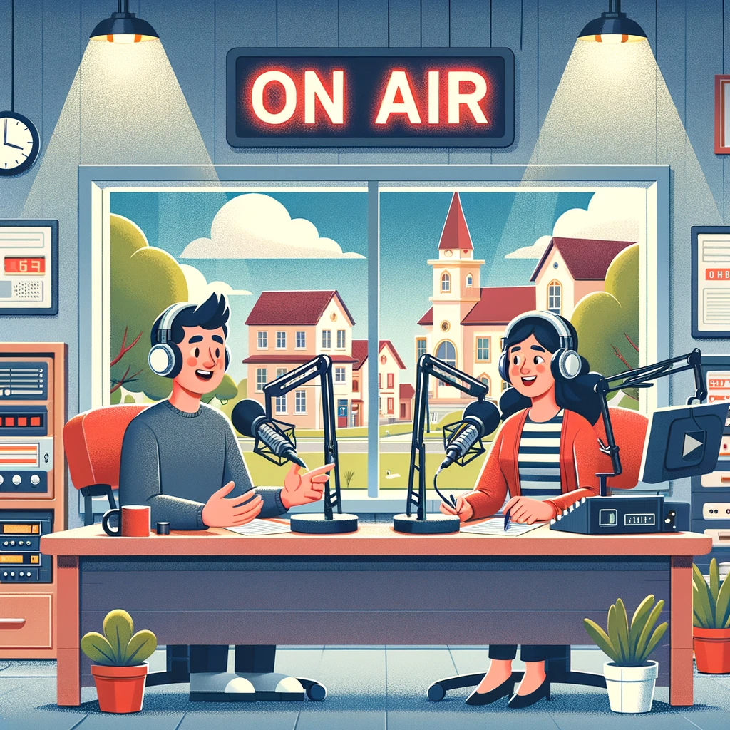 A cozy, small studio setting in a community radio station with a Caucasian man and a Hispanic woman radio hosts discussing current events. They sit at a desk with microphones and headphones, in front of a window showing a small town and park. A lit 'On Air' sign indicates a live broadcast.