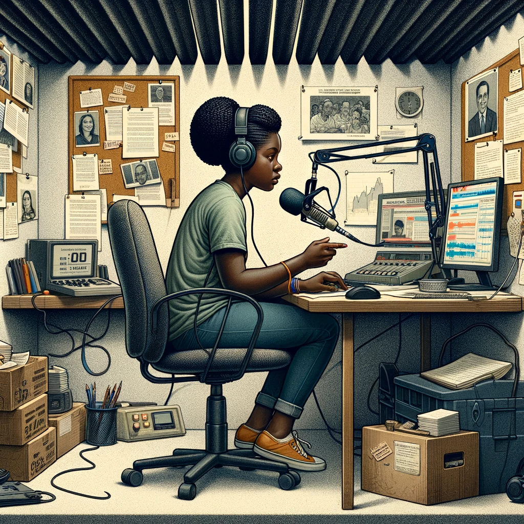A Black female journalist wearing headphones, focused on investigative journalism in a compact community radio studio surrounded by notes, documents, and a computer with research data.