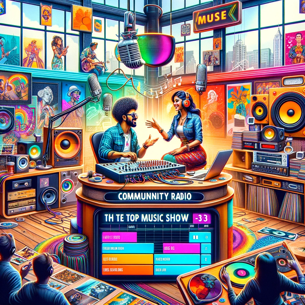 A vibrant radio studio with a South Asian male DJ and a Black female co-host, surrounded by music records and broadcasting equipment, highlighting the diversity of top music shows on community radio.