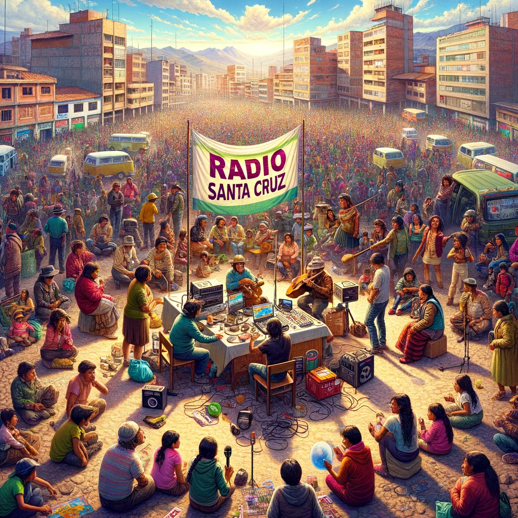 A diverse community gathering around an outdoor radio broadcast setup with a 'Radio Santa Cruz' banner in Bolivia.