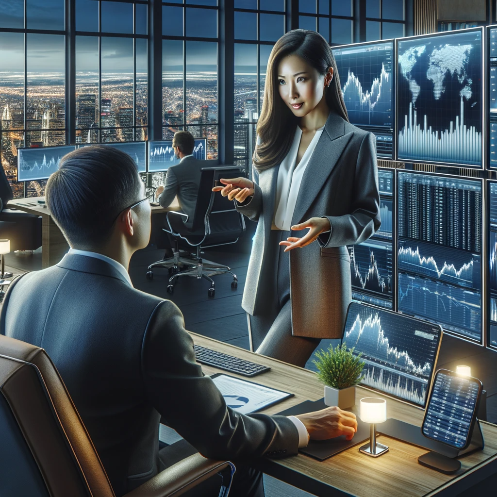 A high-tech financial advisory office in Newtown, PA, with an Asian female advisor in her late 30s discussing strategies with a client.