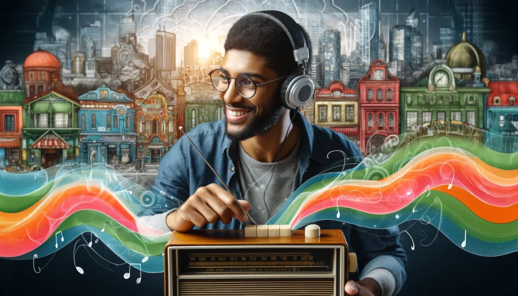 Person tuning a vintage radio, with a vibrant cityscape background, symbolizing live community radio.